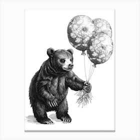 Malayan Sun Bear Holding Balloons Ink Illustration 1 Canvas Print