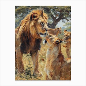 African Lion Interaction With Other Wildlife Acrylic Painting 1 Canvas Print