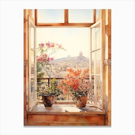 Window View Of  Athens Greece In Autumn Fall, Watercolour 4 Canvas Print