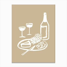 Wine and Cheese Aperitif Kitchen Illustration - White Beige Canvas Print