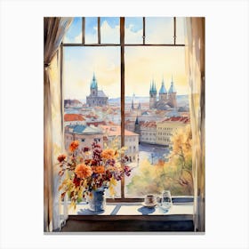 Window View Of Prague Czech Republic In Autumn Fall, Watercolour 3 Canvas Print