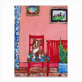 Corgi Dog In Red Chair In Pink Interior Painting Canvas Print