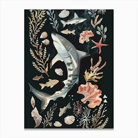 White Tip Reef Shark Seascape Black Background Illustration 3 Canvas Print