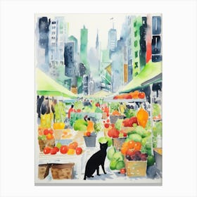 Food Market With Cats In New York 2 Watercolour Canvas Print