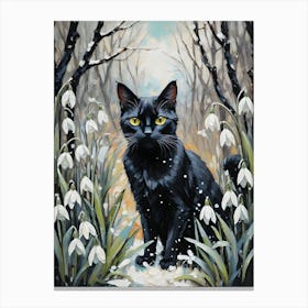 Black Cat Amongst Snowdrops - Oil and Palette Knife Painting of A Beautiful Black Cat Sitting Among the Midwinter January Flowers - Kitty, Cat Lady, Pagan, Feature Wall, Witch, Fairytale Tarot Bastet Imbolc Colorful Painting in HD 1 Canvas Print