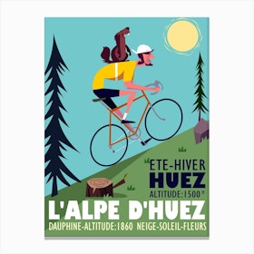 Alpe Dhuez Cyclist With Marmotte Poster Blue & Green Canvas Print