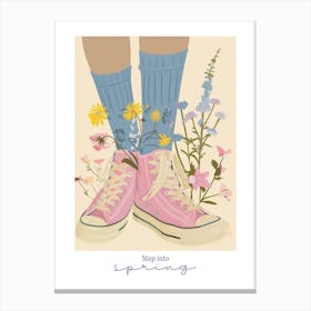 Step Into Spring Illustration Pink Sneakers And Flowers 3 Canvas Print