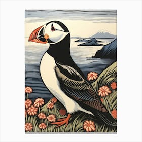 Vintage Bird Linocut Puffin 1 Canvas Print