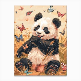 Giant Panda Cub Playing With Butterflies Storybook Illustration 2 Canvas Print