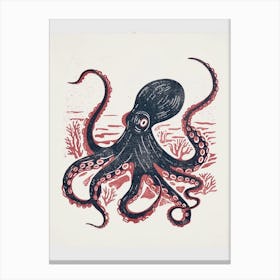 Blue & Navy Linocut Inspired Octopus With Seaweed Canvas Print