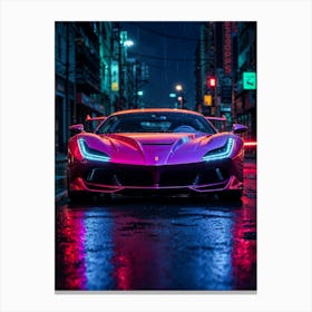 Ferrari F8 in neon, a sports car racing through rain. Futuristic cyberpunk design and timeless automotive beauty. Canvas Print