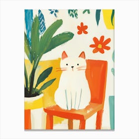 White Cat on a Chair Gouache Painting Canvas Print