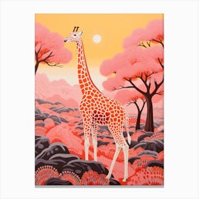 Giraffe In The Nature With Trees Pink 3 Canvas Print