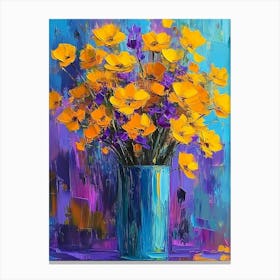 A Close Up Oil Painting Depicting A Bouquet Of Yellow And Purple Flowers Arranged In A Tall Blue Vase Canvas Print