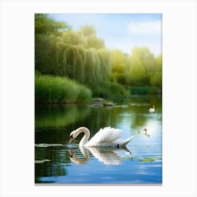 Elegant White Swan Gliding Gracefully Across A Scenic Serene Duck Pond Surrounded By Weeping Willo Canvas Print