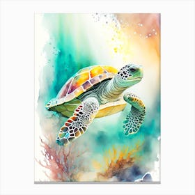 A Single Sea Turtle In Coral Reef, Sea Turtle Storybook Watercolours 4 Canvas Print
