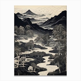 Iya Valley In Tokushima, Ukiyo E Black And White Line Art Drawing 1 Canvas Print