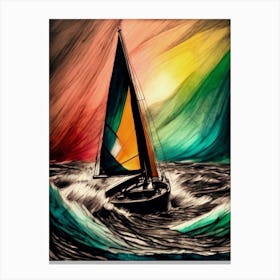 Sailboat In The Turbulent Ocean, Charcoal, Colorful Canvas Print