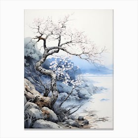 Blue Tree Watercolor, Japanese Brush Painting, Ukiyo E, Minimal 1 Canvas Print