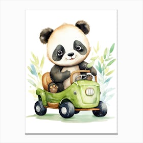 Baby Panda On A Toy Car, Watercolour Nursery 5 Canvas Print