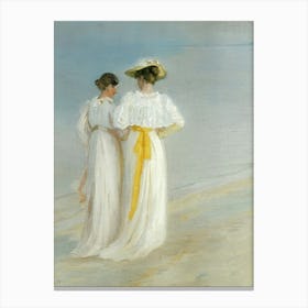 Vintage Painting Two Girls On The Beach Canvas Print