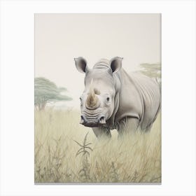 Vintage Rhino Illustration In The Grass 2 Canvas Print