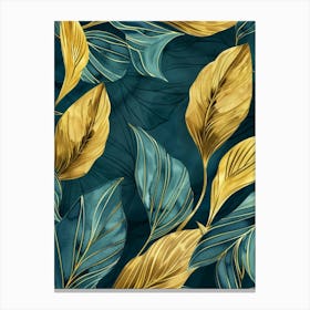 Gold Leaves On Blue Background Canvas Print