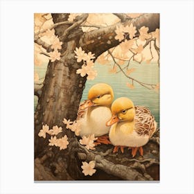 Duck & Duckling In The Flowers Japanese Woodblock Style 3 Canvas Print