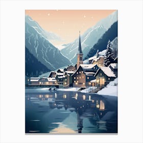 Winter Travel Night Illustration Hallstatt Austria 1 Canvas Print