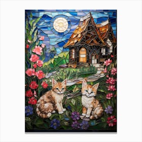 Cats In A Garden At Moonlight In Front Of A Medieval Barn Canvas Print