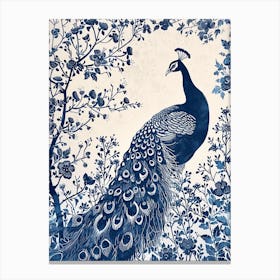 Navy & Cream Linocut Inspired Peacock In The Plants 3 Canvas Print