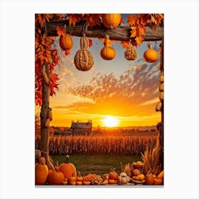 A Photograph Showcasing A Thanksgiving Festival Scene Set In A Rustic Fall Evening Wooden Decoratio (4) Canvas Print