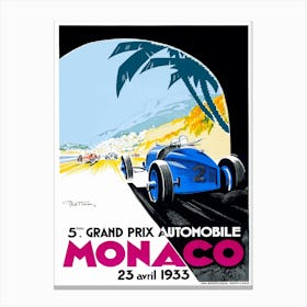 Vintage advertising poster promoting the Monaco Grand Prix which is a Formula One motor race held each year on the Circuit de Monaco. Run since 1929, it is widely considered to be one of the most important and prestigious automobile races in the world. Canvas Print
