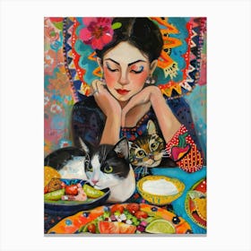 Portrait Of A Woman With Cats Eating Tacos 3 Canvas Print