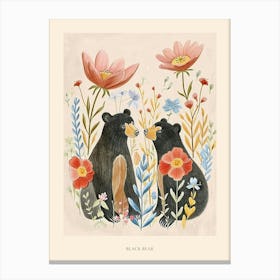 Folksy Floral Animal Drawing Black Bear 2 Poster Canvas Print