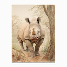 Vintage Illustration Of A Rhino Walking Through The Jungle 2 Canvas Print