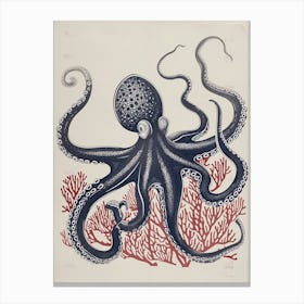 Octopus Linocut Style With Aqua Marine Plants 2 Canvas Print
