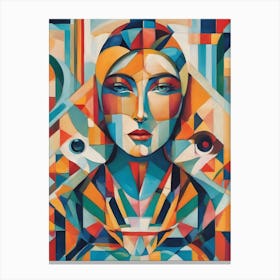 Sip - Abstract Art Deco Geometric Shapes Oil Painting Modernist Inspired Lady Face Eye Bold Gold Green Turquoise Red Face Visionary Fantasy Style Wall Decor Surrealism Trippy Cool Room Art Invoke Psychedelic Canvas Print