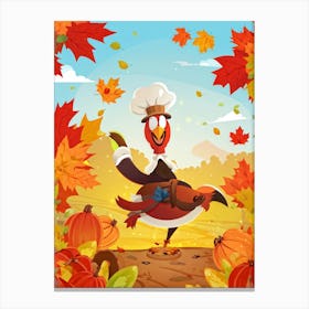 Cartoon Style Illustration Of A Cheerful Turkey Character Donning A Pilgrim Hat Amidst A Fall Harves (3) Canvas Print