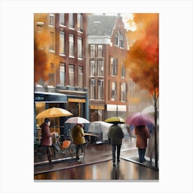 Amsterdam cafes, autumn season, rain, autumn oil colours.Faded colours,People passing on the street, winter clothes, rain umbrellas.6 2 Canvas Print