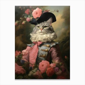 Cat With Flowers Rococo Style Canvas Print