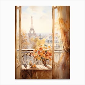 Window View Of Paris France In Autumn Fall, Watercolour 1 Canvas Print