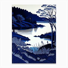 Blue Lake Landscapes Waterscape Linocut 2 Canvas Print