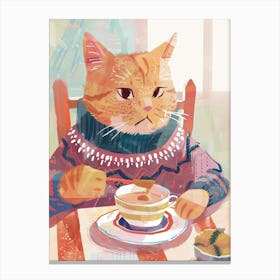 Tan Cat Having Breakfast Folk Illustration 1 Canvas Print