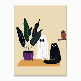 Cute Boho Ghost And A Cat Halloween Canvas Print
