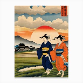 Two Japanese Women Walking In A Field Canvas Print