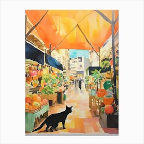 Food Market With Cats In Honolulu 4 Watercolour Canvas Print