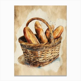 Rustic Bread In A Basket Watercolour Illustration 4 Canvas Print