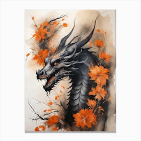 Japanese Dragon Abstract Flowers Painting (32) Canvas Print