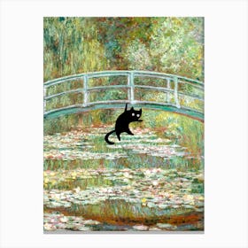 Monet Water Lily Pond With A Black Cat Funny Animals Canvas Print